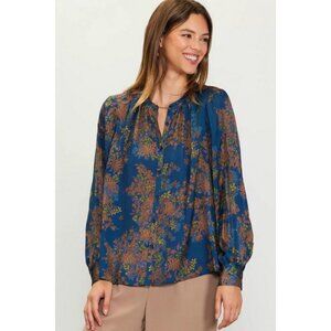 💕SKIES ARE BLUE💕Long-Sleeve Button-Down Blouse ~ Teal Mustard Print  NWT